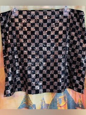 Pink Lily Sequin Checkerboard Mini Skirt in Black and Rose Gold